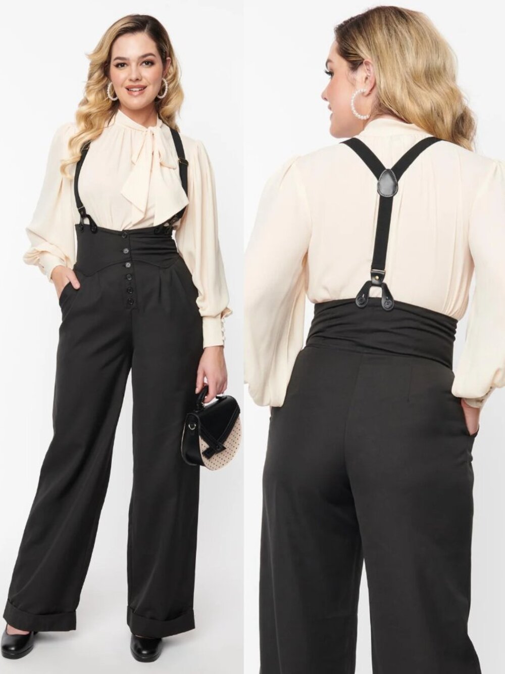 Unique Vintage Ultra High-Waisted Thelma Black Suspender Wide-Leg Pants L